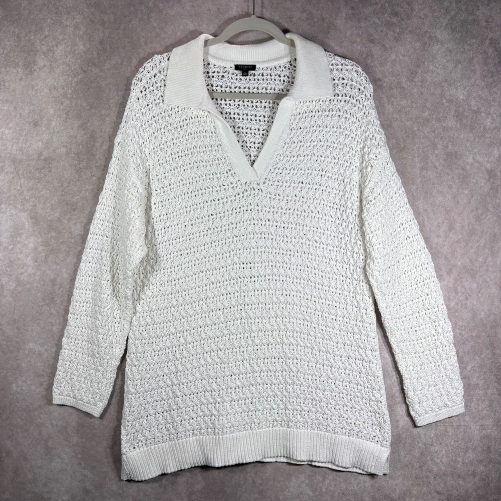Talbots Sweater Womens X White Open Knit Polo Long Sleeve Cotton Blend Casual